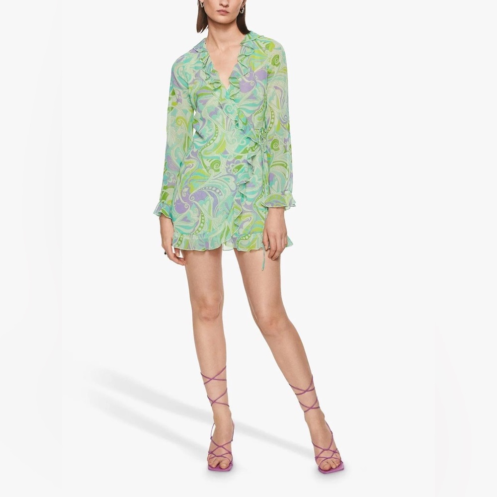 MANGO Long Sleeve Chiffon Wrap Ruffled Green Retro Mini Party Dress Size 4